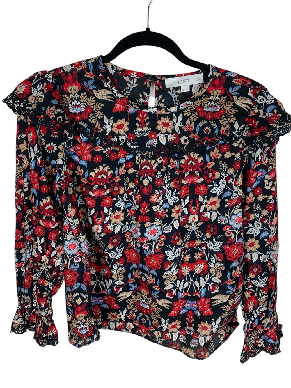 Women's Loft Black Floral Eyelet Long Sleeve Lightweight Cotton Top Size SP